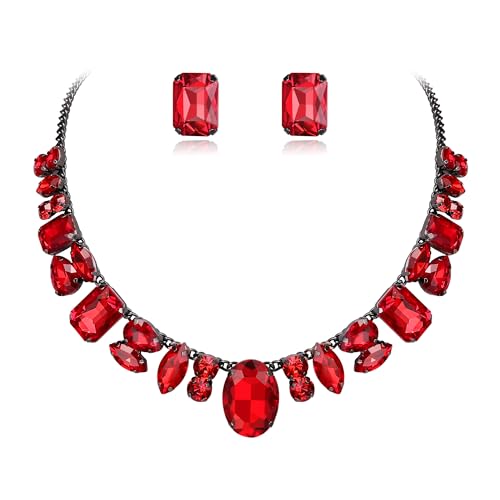 EVER FAITH Strass Halskette mit Ohrstecker, Rot Kristall Hochzeit Party Kostüm Statement Schmuck Sets für Damen von EVER FAITH