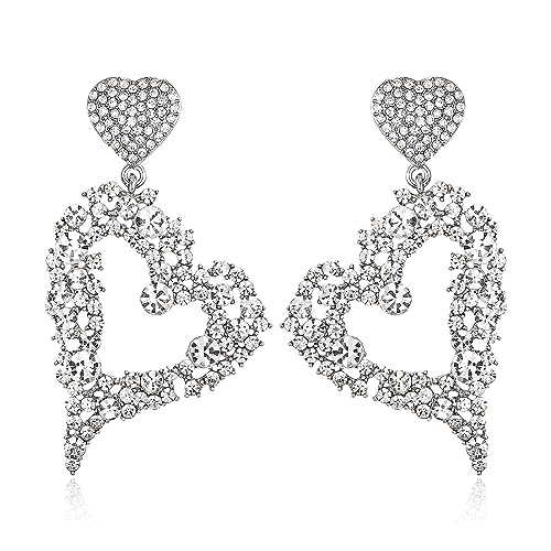 EVER FAITH Strass Herz Ohrringe Kristall Statement Trendy Doppel groß Ohrstecker Modeschmuck für Damen Mädchen Klar Silber-Ton von EVER FAITH