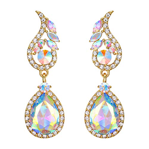 EVER FAITH Strass Kristall Boho Floral Leaf Teardrop Ohrstecker irisierend Klar AB Gold-Ton von EVER FAITH