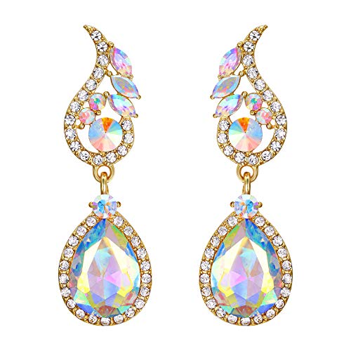 EVER FAITH Strass Kristall Boho Floral Leaf Teardrop Ohrstecker irisierend Klar AB Gold-Ton von EVER FAITH