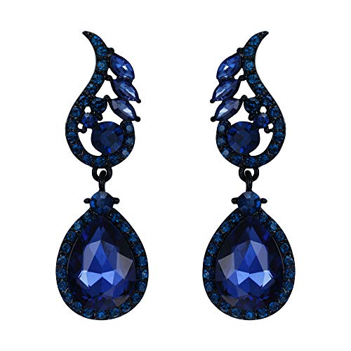 EVER FAITH Strass Kristall Boho Stil Floral Leaf Teardrop Durchbohrte Ohrringe Marineblau Schwarz-Ton von EVER FAITH