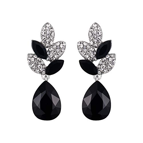 EVER FAITH Strass Kristall Hochzeit Floral Leaf Teardrop Durchbohrte Ohrringe Schwarz Silber-Ton von EVER FAITH