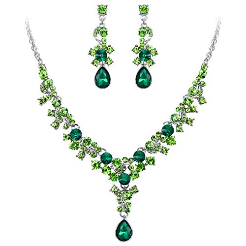 EVER FAITH Strass Kristall Hochzeit Floral Teardrop Halskette Ohrringe Set Grün Silber-Ton von EVER FAITH