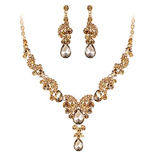 EVER FAITH Strass Kristall Hochzeit Floral Wave Teardrop Halskette Ohrringe Set Braun Gold-Ton von EVER FAITH