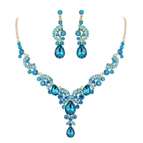 EVER FAITH Strass Kristall Hochzeit Floral Wave Teardrop Halskette Ohrringe Set Hell-Blau Gold-Ton von EVER FAITH