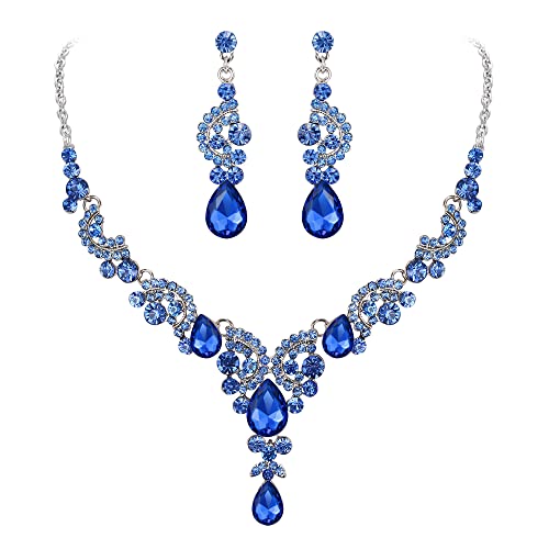 EVER FAITH Strass Kristall Hochzeit Floral Wave Teardrop Halskette Ohrringe Set Hell-Blau Silber-Ton von EVER FAITH