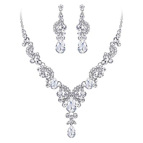 EVER FAITH Strass Kristall Hochzeit Floral Wave Teardrop Halskette Ohrringe Set Klar Silber-Ton von EVER FAITH