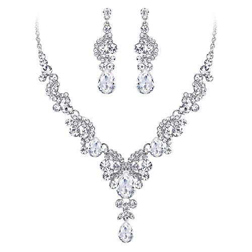 EVER FAITH Strass Kristall Hochzeit Floral Wave Teardrop Halskette Ohrringe Set Klar Silber-Ton von EVER FAITH