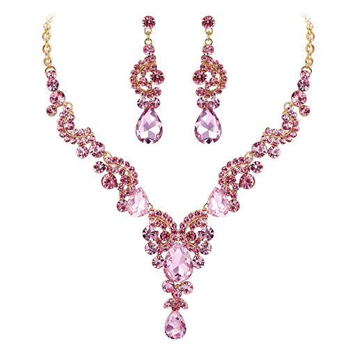 EVER FAITH Strass Kristall Hochzeit Floral Wave Teardrop Halskette Ohrringe Set Rosa Gold-Ton von EVER FAITH