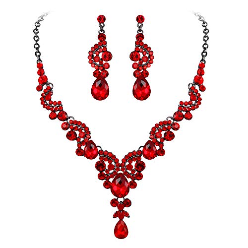 EVER FAITH Strass Kristall Hochzeit Floral Wave Teardrop Halskette Ohrringe Set Rot Schwarz-Ton von EVER FAITH