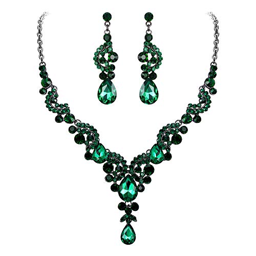 EVER FAITH Strass Kristall Hochzeit Floral Wave Teardrop Halskette Ohrringe Set Schwarz Grün von EVER FAITH