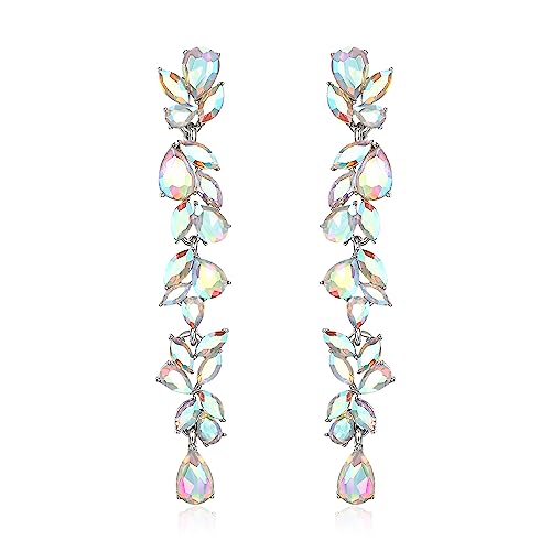 EVER FAITH Strass Kristall Kronleuchter baumeln Ohrringe Art Deco Marquise Teardrop lange Tropfen Ohrhänger für Damen Braut Hochzeit Prom Schillernd AB Silber-Ton von EVER FAITH