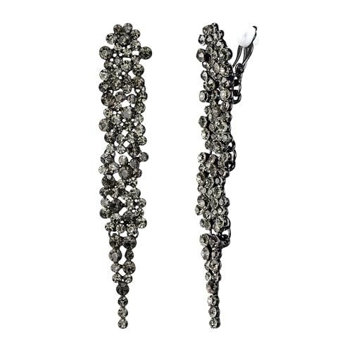 EVER FAITH Strass Kristall Ohrclips Hochzeit Statement Clip-on Ohrringe, Art Deco Kronleuchter Braut ohne ohrlöcher Ohrringe für Damen Grau Schwarz-Ton von EVER FAITH