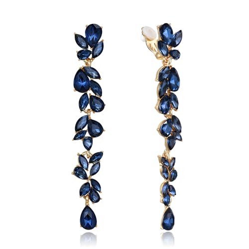 EVER FAITH Strass Kristall Ohrclips Kronleuchter Clip-on Ohrringe für Damen Braut, Art Deco Marquise Teardrop Braut lange baumeln Tropfen für Prom Blau Gold-Tone von EVER FAITH