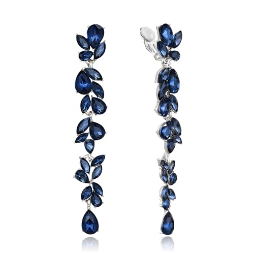 EVER FAITH Strass Kristall Ohrclips Kronleuchter Clip-on Ohrringe für Damen Braut, Art Deco Marquise Teardrop Braut lange baumeln Tropfen für Prom Blau Silber-Tone von EVER FAITH