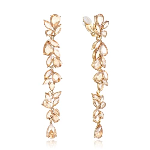EVER FAITH Strass Kristall Ohrclips Kronleuchter Clip-on Ohrringe für Damen Braut, Art Deco Marquise Teardrop Braut lange baumeln Tropfen für Prom Champagner Gold-Tone von EVER FAITH