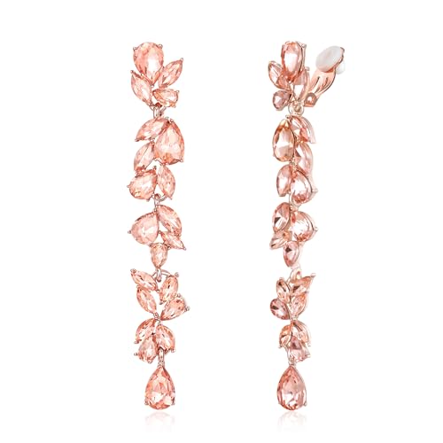 EVER FAITH Strass Kristall Ohrclips Kronleuchter Clip-on Ohrringe für Damen Braut, Art Deco Marquise Teardrop Braut lange baumeln Tropfen für Prom Champagner Rose Gold von EVER FAITH