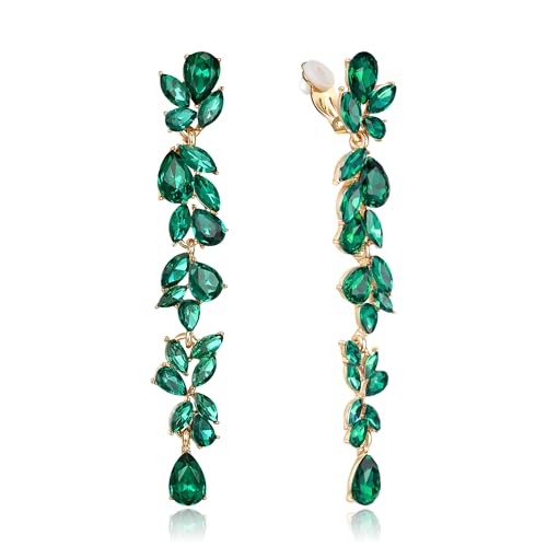 EVER FAITH Strass Kristall Ohrclips Kronleuchter Clip-on Ohrringe für Damen Braut, Art Deco Marquise Teardrop Braut lange baumeln Tropfen für Prom Grün Gold-Tone von EVER FAITH