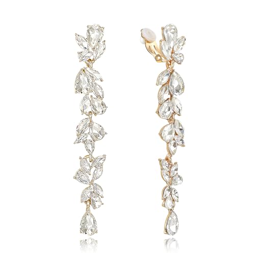 EVER FAITH Strass Kristall Ohrclips Kronleuchter Clip-on Ohrringe für Damen Braut, Art Deco Marquise Teardrop Braut lange baumeln Tropfen für Prom Klar Gold-Tone von EVER FAITH