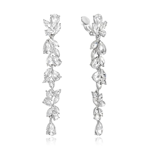 EVER FAITH Strass Kristall Ohrclips Kronleuchter Clip-on Ohrringe für Damen Braut, Art Deco Marquise Teardrop Braut lange baumeln Tropfen für Prom Klar Silber-Tone von EVER FAITH