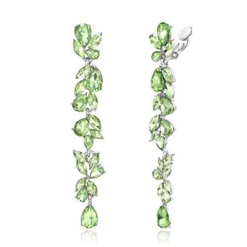 EVER FAITH Strass Kristall Ohrclips Kronleuchter Clip-on Ohrringe für Damen Braut, Art Deco Marquise Teardrop Braut lange baumeln Tropfen für Prom Peridot-Grün Gold-Tone von EVER FAITH
