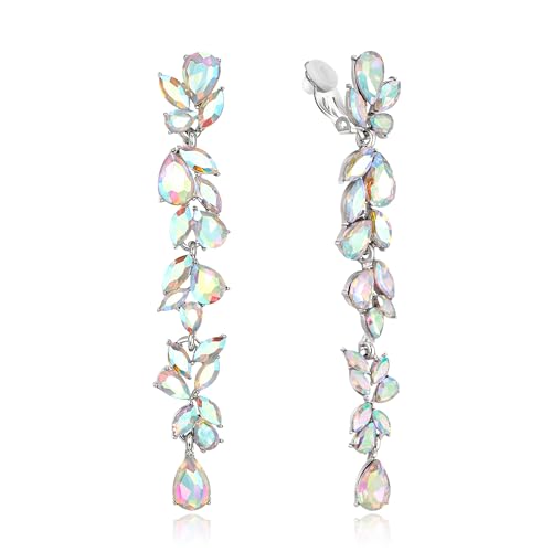 EVER FAITH Strass Kristall Ohrclips Kronleuchter Clip-on Ohrringe für Damen Braut, Art Deco Marquise Teardrop Braut lange baumeln Tropfen für Prom Schillernd AB Silber-Tone von EVER FAITH