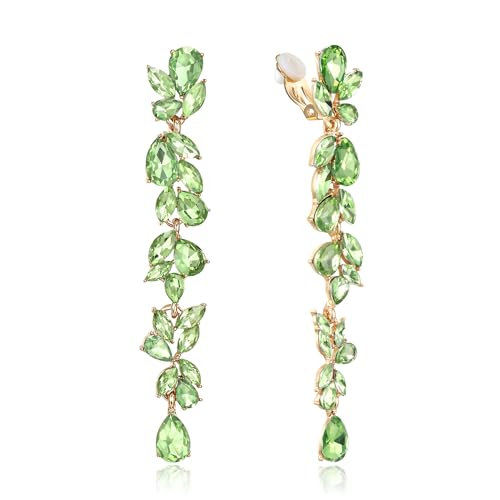 EVER FAITH Strass Kristall Ohrclips Kronleuchter Clip-on Ohrringe für Damen Braut, Art Deco Marquise Teardrop Braut lange baumeln Tropfen für Prom Peridot-Grün Silber-Tone von EVER FAITH