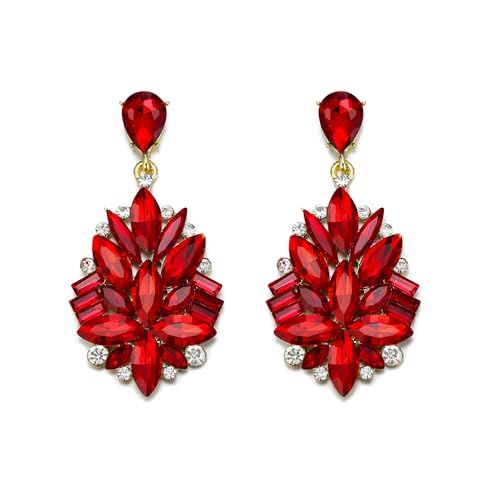 EVER FAITH Strass Kristall Statement Ohrringe für die Braut Kostüm Party Tropfen Kronleuchter Braut Ohrstecker für Damen Rot Gold-Ton von EVER FAITH
