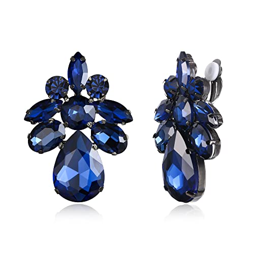 EVER FAITH Strass Ohrclips Art Deco Blume Clip-on Ohrringe für Damen Mädchen Blau von EVER FAITH