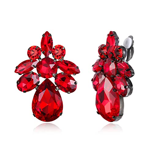 EVER FAITH Strass Ohrclips Art Deco Blume Clip-on Ohrringe für Damen Mädchen Rot von EVER FAITH