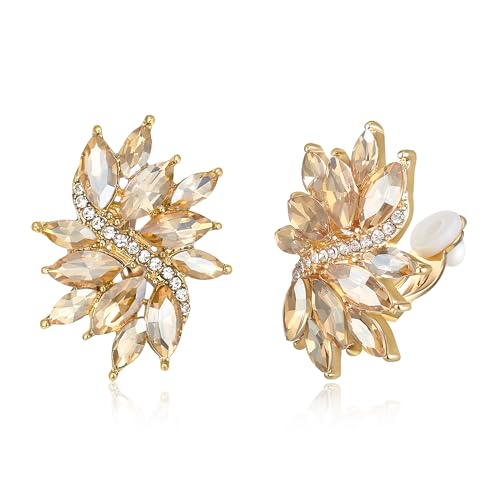 EVER FAITH Strass Ohrclips Glitter Marquise Kristall Vintage Statement Clip on Ohrringefür Damen Braut Hochzeit Party Prom Schmuck Braun Gold-Ton von EVER FAITH