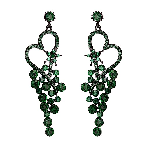 EVER FAITH Strass Ohrringe für Damen Braut Party Hochzeit Art Deco Runde Tropfen Kristall Kronleuchter Statement Herz lange Ohrstecker Grün Schwarz-Ton von EVER FAITH