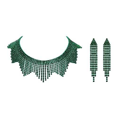 EVER FAITH Strass Quaste Schmuck-Set, Funkelnde Kristall Fransen Kette Choker Halskette Kronleuchter Ohrringe Set Grün EVER FAITH Strass Quaste Schmuck-Set, Funkelnde Kristall Fransen Kette Choker Halskette Kronleuchter Ohrringe Set Grün von EVER FAITH