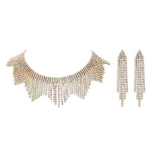 EVER FAITH Strass Quaste Schmuck-Set, funkelnde Kristall Fransen Kette Quaste Choker Halskette Kronleuchter Ohrringe Set Klar Gold-Ton von EVER FAITH