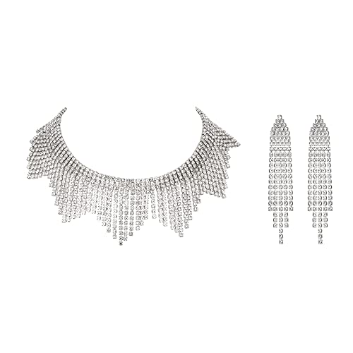 EVER FAITH Strass Quaste Schmuck-Set, funkelnde Kristall Fransen Kette Choker Halskette Kronleuchter Ohrringe Set Klar Silber-Ton EVER FAITH Strass Quaste Schmuck-Set, funkelnde Kristall Fransen Kette Choker Halskette Kronleuchter Ohrringe Set Klar Silber-Ton von EVER FAITH