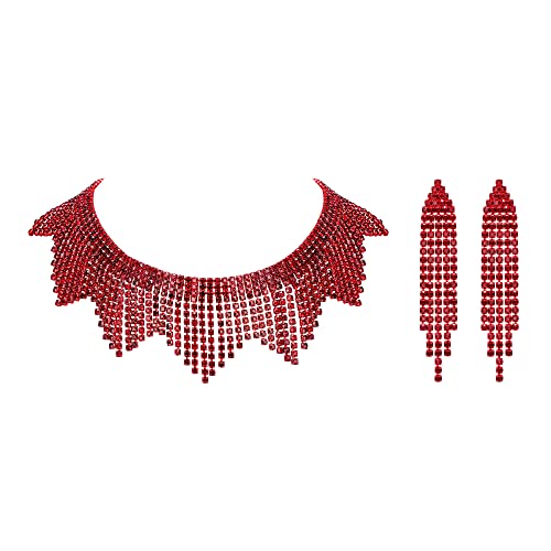 EVER FAITH Strass Quaste Schmuck-Set, funkelnde Kristall Fransen Kette Choker Halskette Kronleuchter Ohrringe Set Rot von EVER FAITH