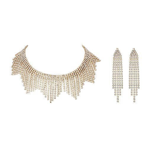 EVER FAITH Strass Quaste Schmuck-Set, Funkelnde Kristall Fransen Kette Choker Halskette Kronleuchter Ohrringe Set Schillernder klar AB Gold-Tone von EVER FAITH