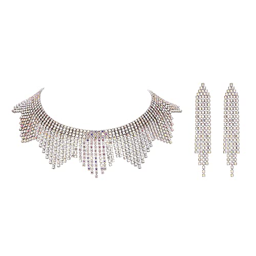 EVER FAITH Strass Quaste Schmuck-Set, Funkelnde Kristall Fransen Kette Choker Halskette Kronleuchter Ohrringe Set Schillernder klar AB Silber-Ton von EVER FAITH