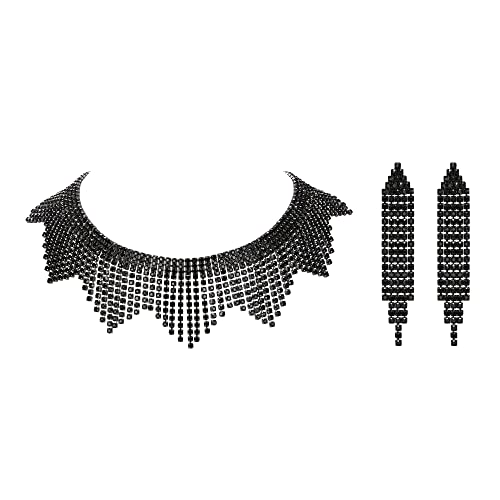 EVER FAITH Strass Quaste Schmuck-Set, Funkelnde Kristall Fransen Kette Choker Halskette Kronleuchter Ohrringe Set Schwarz von EVER FAITH