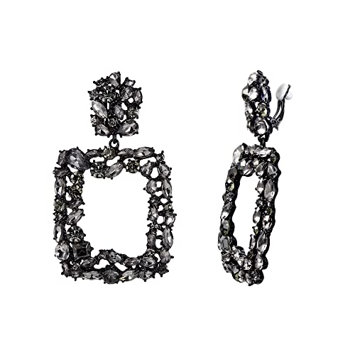 EVER FAITH Strass Rechteck Ohrclips Geometrische Statement Tropfen Ohrringe Clip-on für Damen Mädchen Schillernde Grau von EVER FAITH