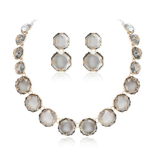 EVER FAITH Strass Statement Halskette Ohrringe Set, Rund Grau Kristall Bohème Art Deco Modeschmuck Set für Damen Mädchen von EVER FAITH