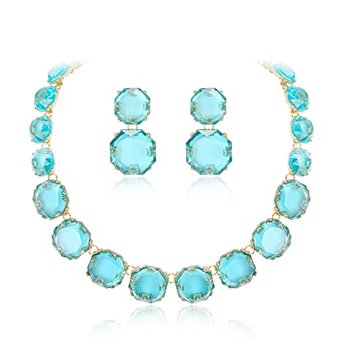 EVER FAITH Strass Statement Halskette Ohrringe Set, Rund Hellblau Kristall Bohème Art Deco Modeschmuck Set für Damen Mädchen von EVER FAITH