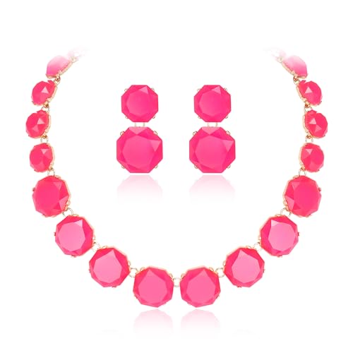 EVER FAITH Strass Statement Halskette Ohrringe Set, Rund Hot Pink Kristall Bohème Art Deco Modeschmuck Set für Damen Mädchen von EVER FAITH