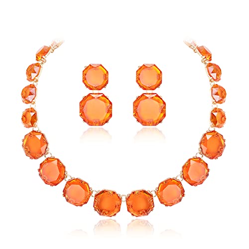 EVER FAITH Strass Statement Halskette Ohrringe Set, Rund Orange Kristall Bohème Art Deco Modeschmuck Set für Damen Mädchen von EVER FAITH