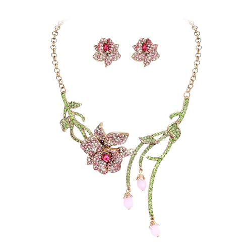 EVER FAITH Strass rosa Blume Kragen Halskette mit künstliche Perlen, Frühling Rose Blatt Statement Choker mit Ohrstecker für Damen Mode Boho Party Prom-Schmuck Zubehör von EVER FAITH