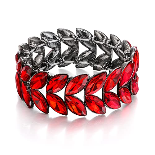 EVER FAITH Stretch Armband Art Deco Handgelenk Schmuck für Abschlussball geschichtetes Marquise-Kristall Blatt elastisches für Damen Rot Schwarz-Ton von EVER FAITH