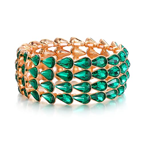 EVER FAITH Stretch Armreif Braut Strass Kristall Art Deco Wassertropfen Vier Reihen Vintage Armband Schmuck für Damen Grün Gold-Ton von EVER FAITH