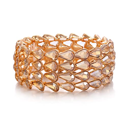 EVER FAITH Stretch Armreif Braut Strass Kristall Art Deco Wassertropfen Vier Reihen Vintage Armband Schmuck für Damen Braun Gold-Ton von EVER FAITH
