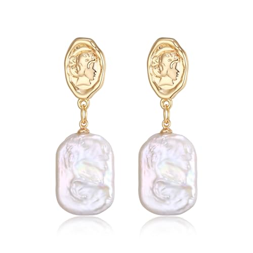 EVER FAITH Süßwasser Barock-Perle Statement Dangle Ohrringe 14K vergoldet Prom Party unregelmäßig gehämmert natürliche Perle Mode modernen Schmuck für Damen von EVER FAITH