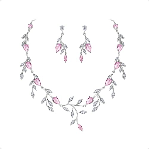 EVER FAITH Teardrop Hochzeit Schmuckset für Braut Party Zirkonia Halskette Ohrringe Set Rosa Silber-Tone von EVER FAITH